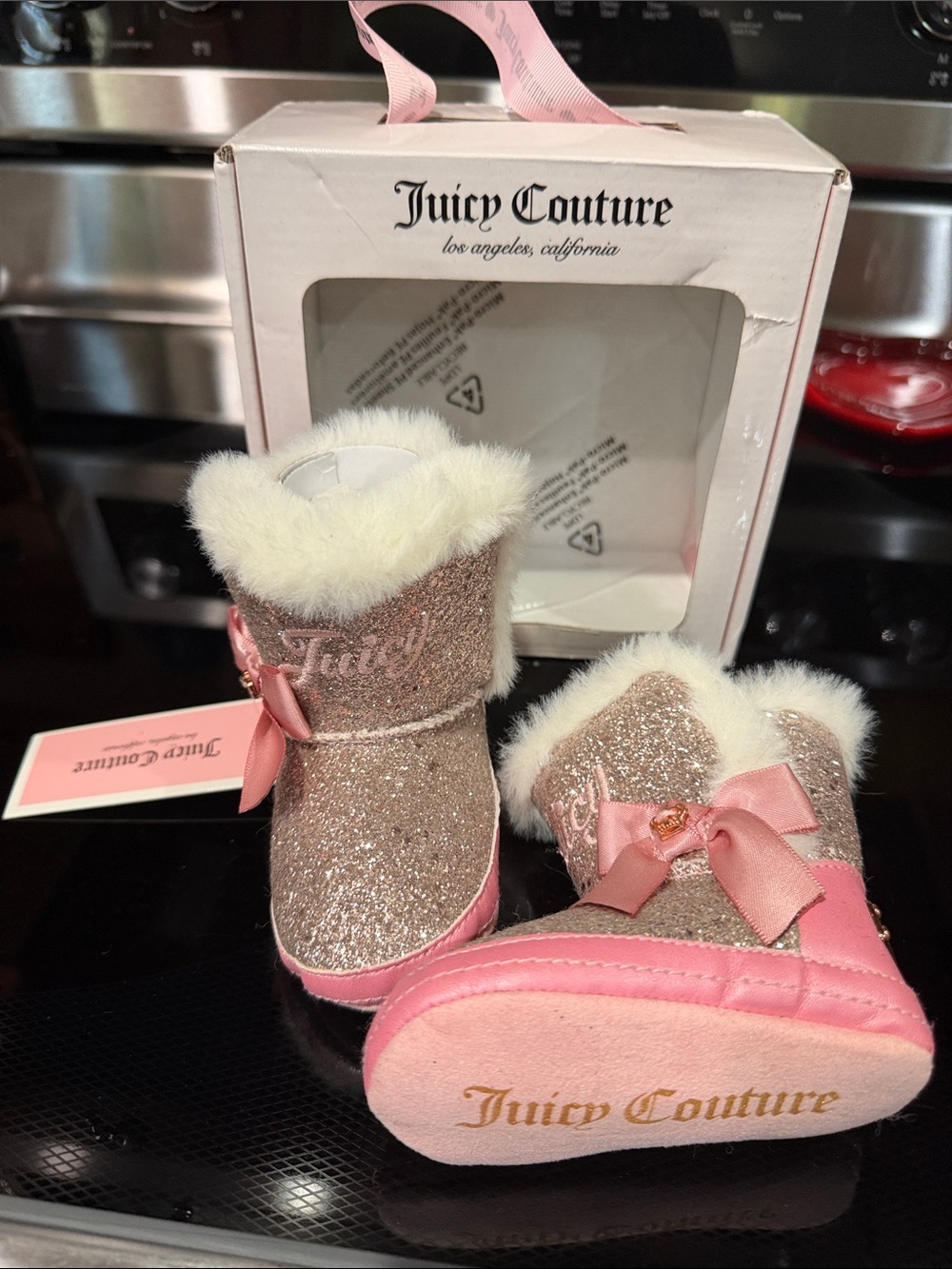 Juicy Couture Pink Glitter Baby Booties with Faux Fur Trim
